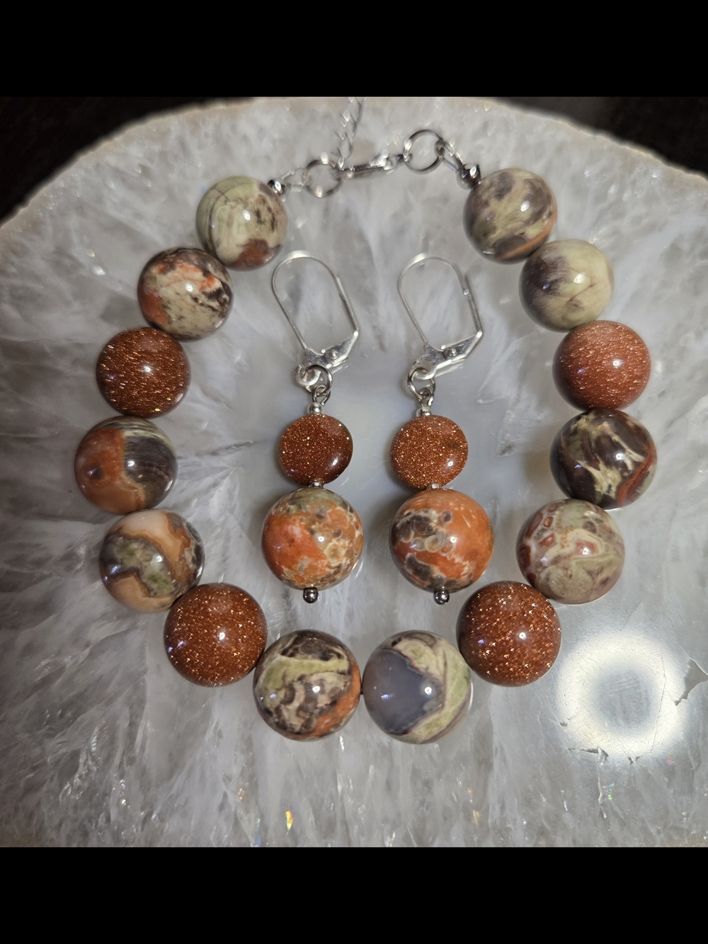Rhyolite Jasper And Goldstone Bracelet with Matching Earrings